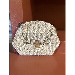 Vintage Micro Beaded Coin Purse Floral 5x4" White With Mirror Wedding Bride